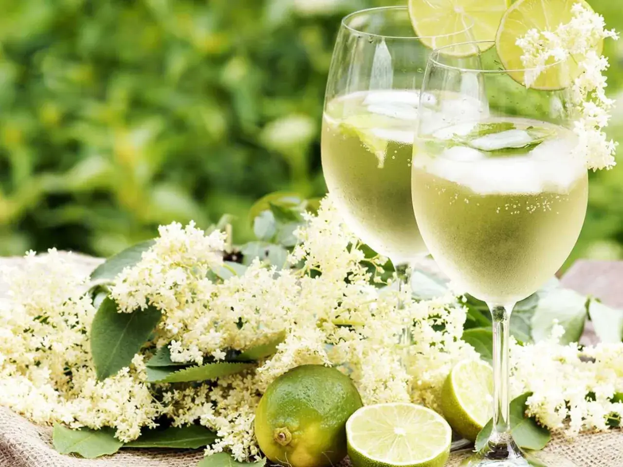 Två glas Hugo med fläderblommor och lime. Ett perfekt recept för en solig sommardag.