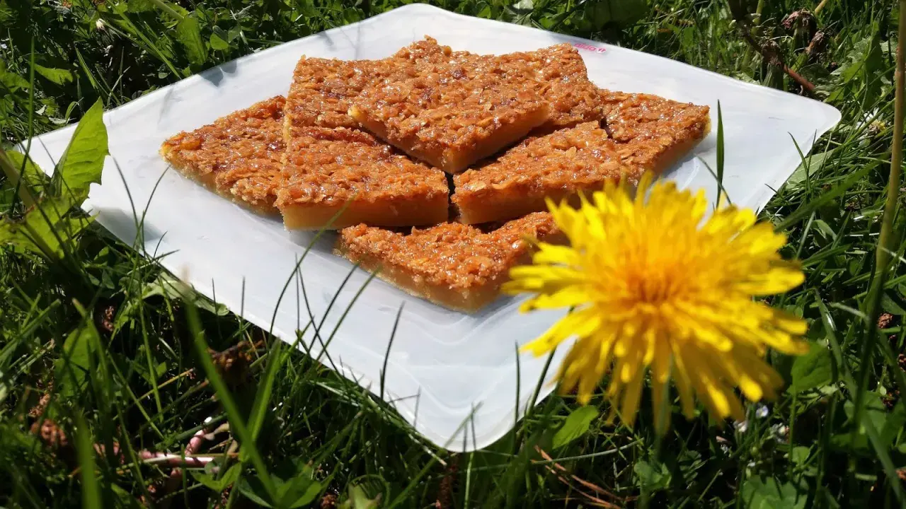 Havretosca i långpanna, gyllene och krispiga bitar, serverade på en vit bricka i gräset. En gul maskros lyser upp bilden.