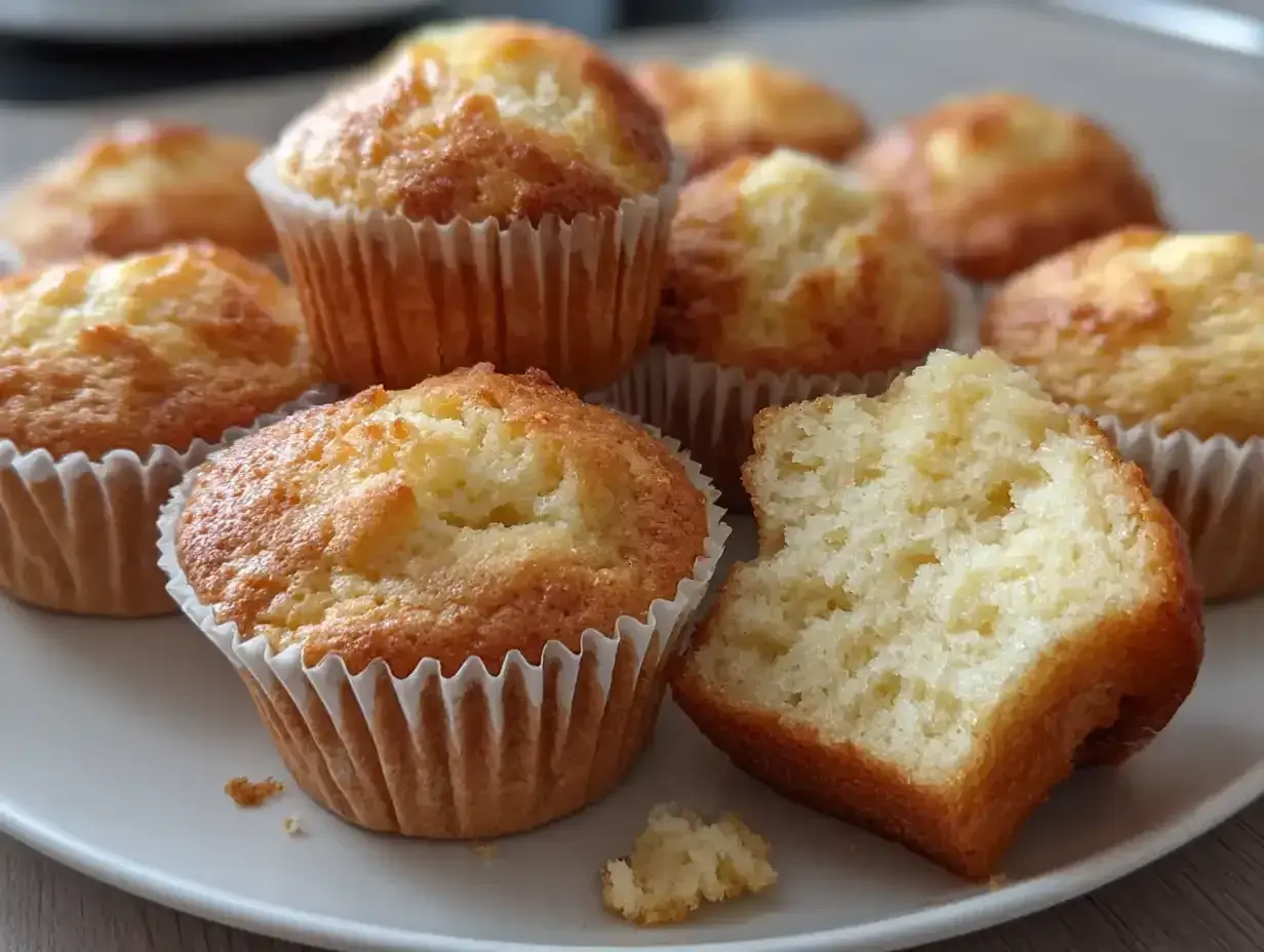En tallrik med fluffiga vaniljmuffins, ett perfekt vaniljmuffins recept. En muffin är uppäten.