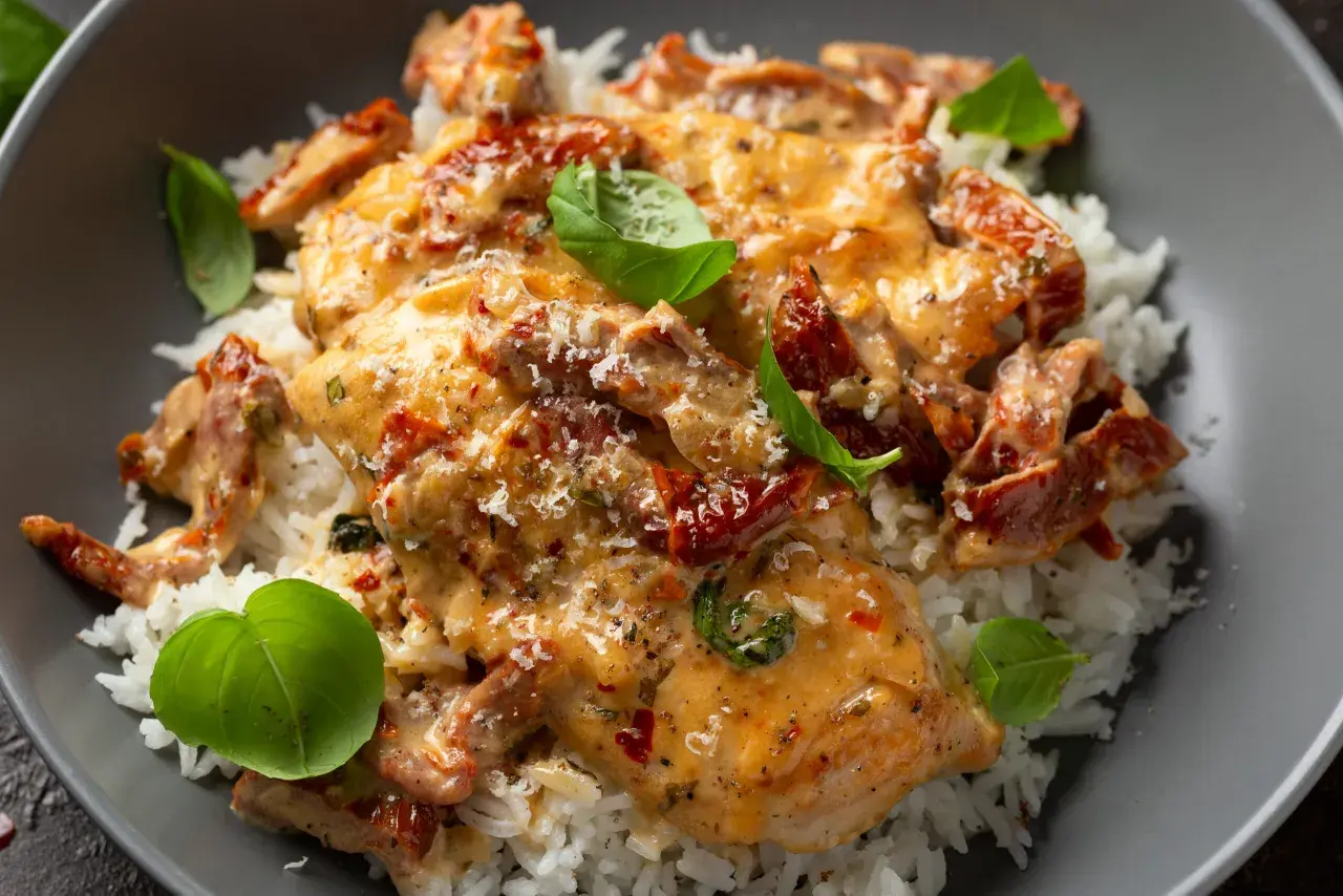 Krämig kyckling med soltorkade tomater och basilika över ris. Den här rätten är så god att den får en att vilja säga "marry me kyckling"!