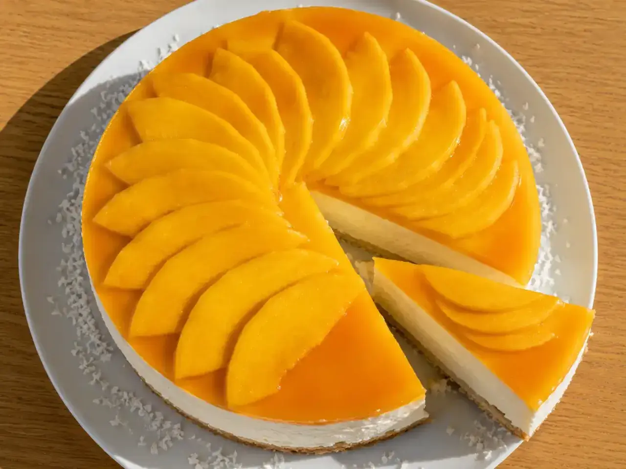 En krämig mango cheesecake med färska mangoskivor som pryder toppen. En bit är uppskuren och visar den lena fyllningen.