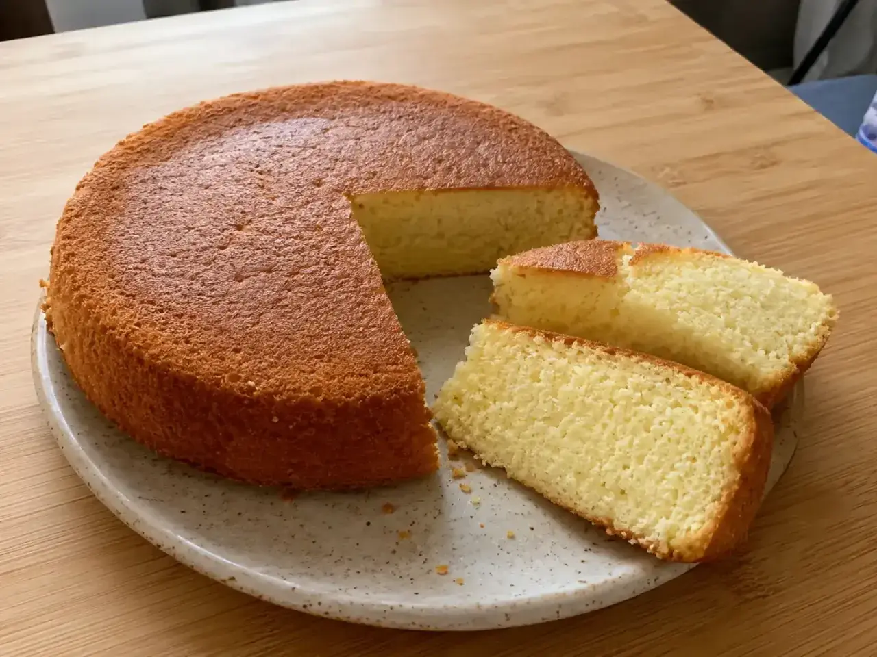 En gyllene sockerfri kaka med två skivor upplagda på en tallrik. Perfekt för en hälsosam fika.