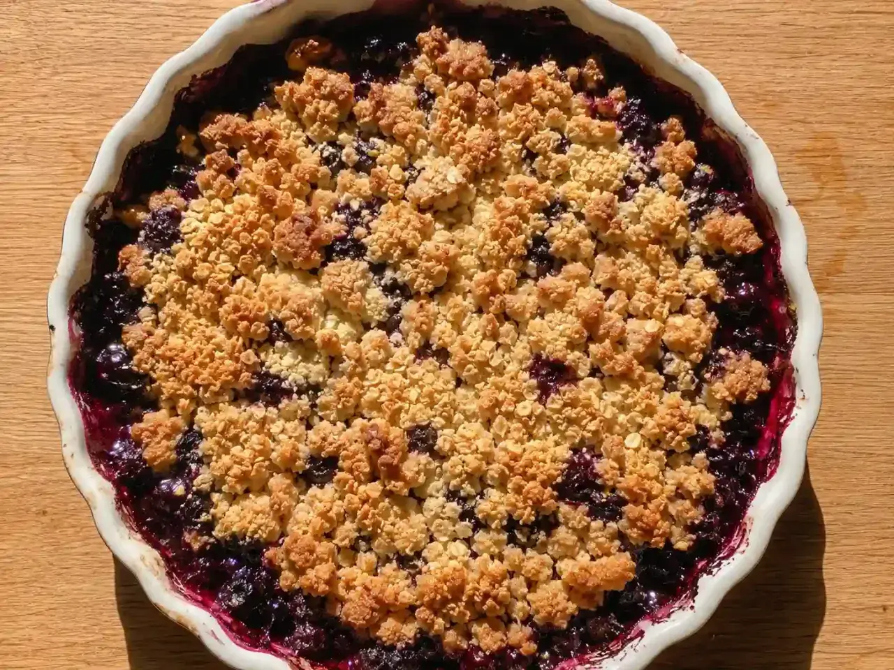 En härlig glutenfri smulpaj med blåbär, perfekt för fika.