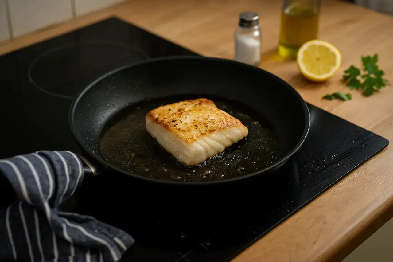 En bit saftig kokt torsk steks i en panna. Bredvid finns en citronklyfta, olivolja och persilja.