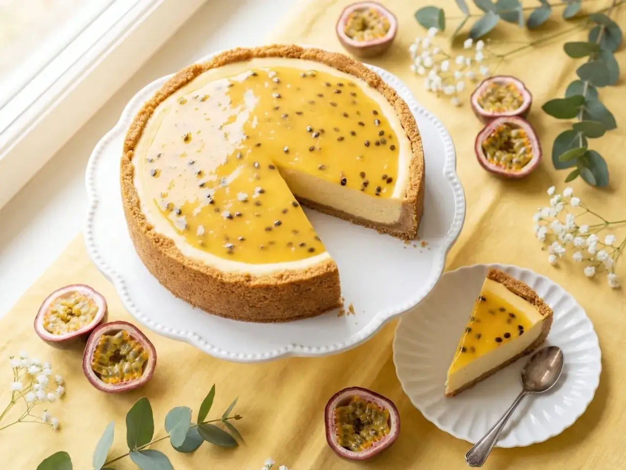 En läcker cheesecake passionsfrukt med en krämig fyllning och en krispig botten, dekorerad med passionsfrukt.