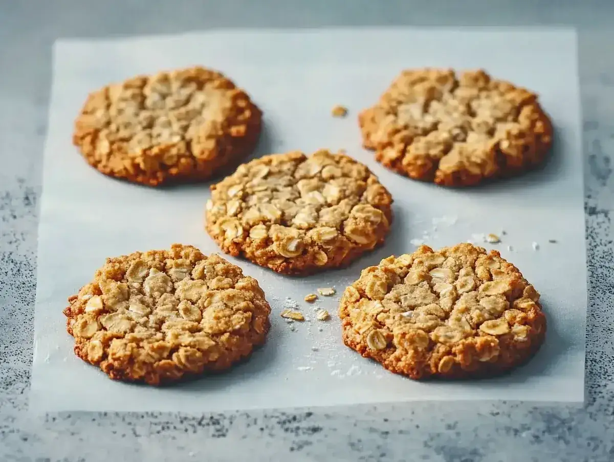 Fem gyllene havrekakor ligger på bakplåtspapper. Perfekt för ett enkelt havrekakor recept.