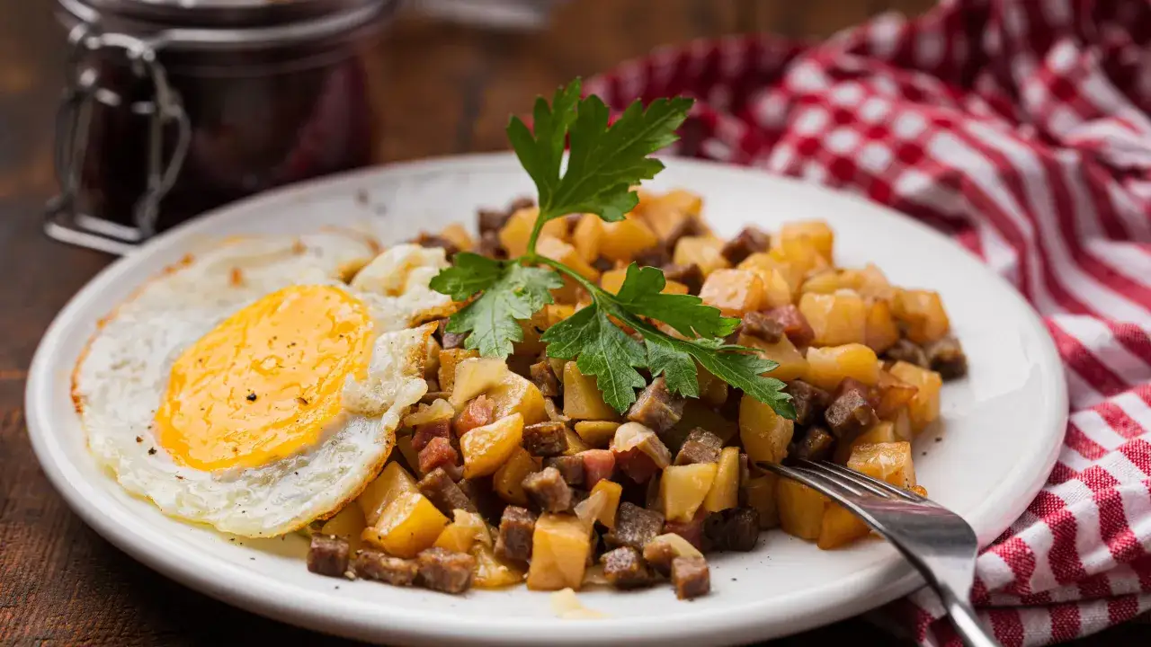 En tallrik med pyttipanna, stekt &auml;gg och persilja. Perfekt f&ouml;r ett snabbt och gott pyttipanna recept.