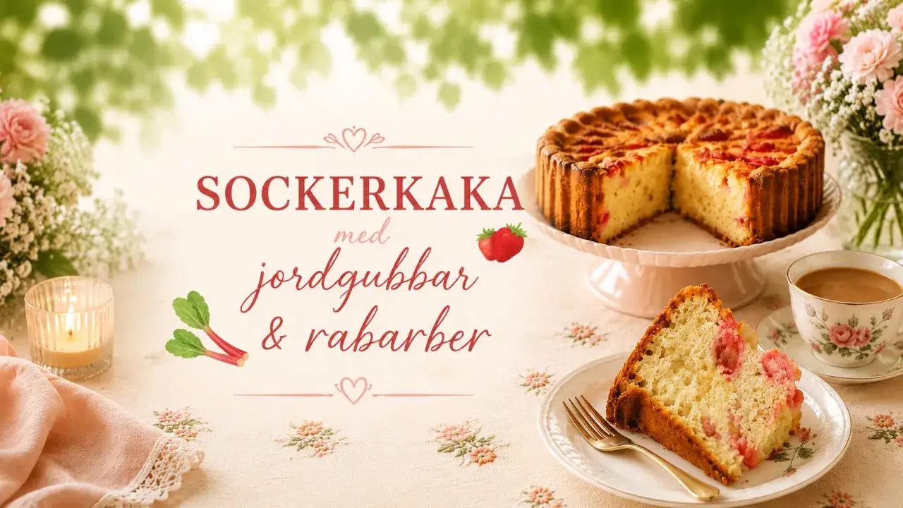 En saftig sockerkaka med rabarber och jordgubbar, serverad med en kopp kaffe.