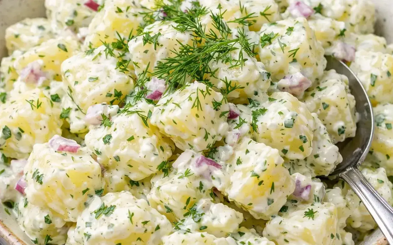 En krämig och ljuvlig potatissallad recept med dill och rödlök. Perfekt till grillat eller som tillbehör.