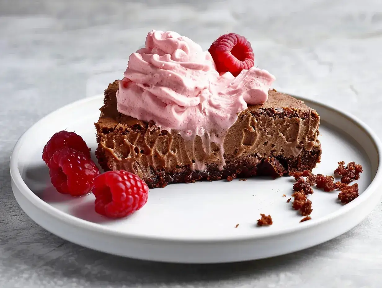 En bit vegansk kladdkaka med fluffig rosa gr&auml;dde och f&auml;rska hallon p&aring; en vit tallrik.