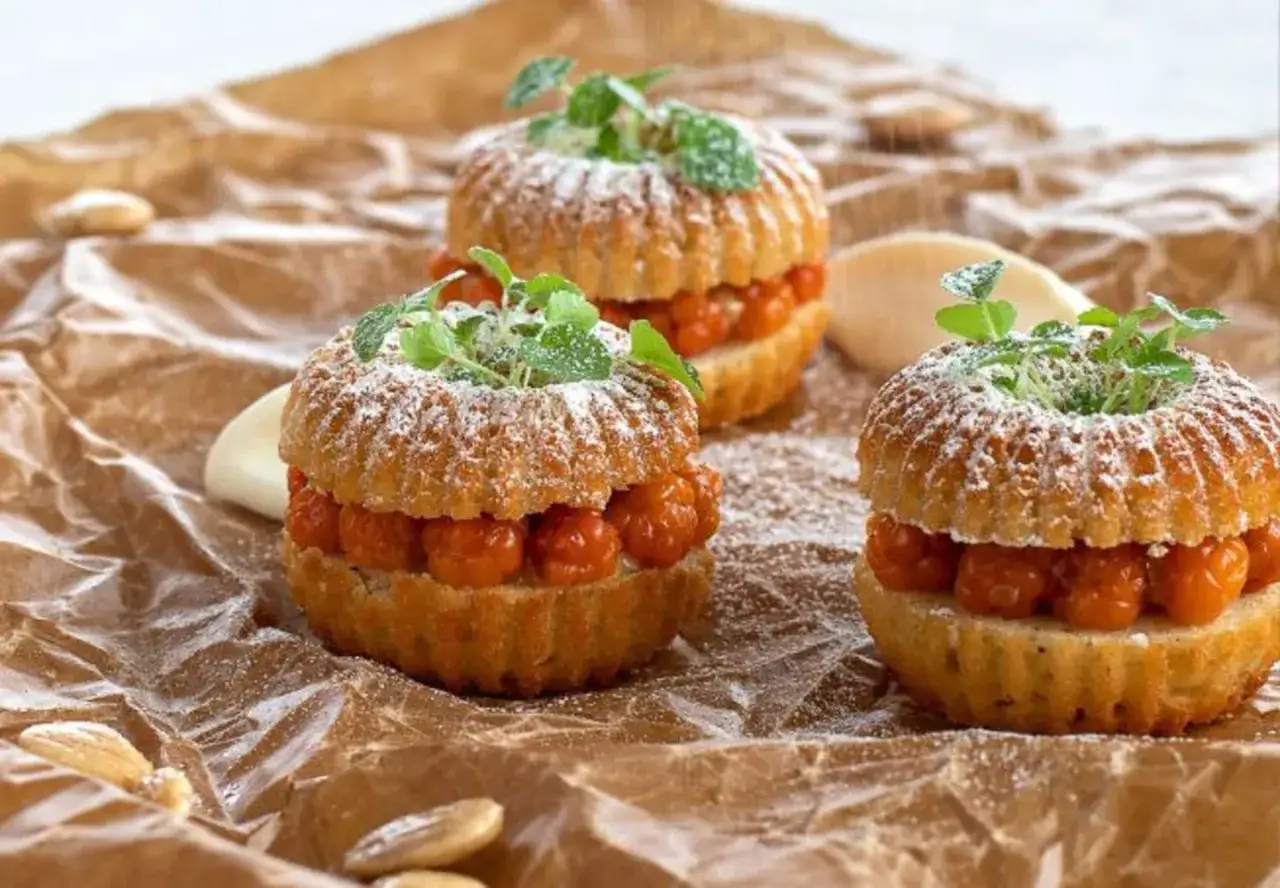 Tre små, runda financier-kakor med aprikosfyllning och pudersocker, garnerade med gröna blad.
