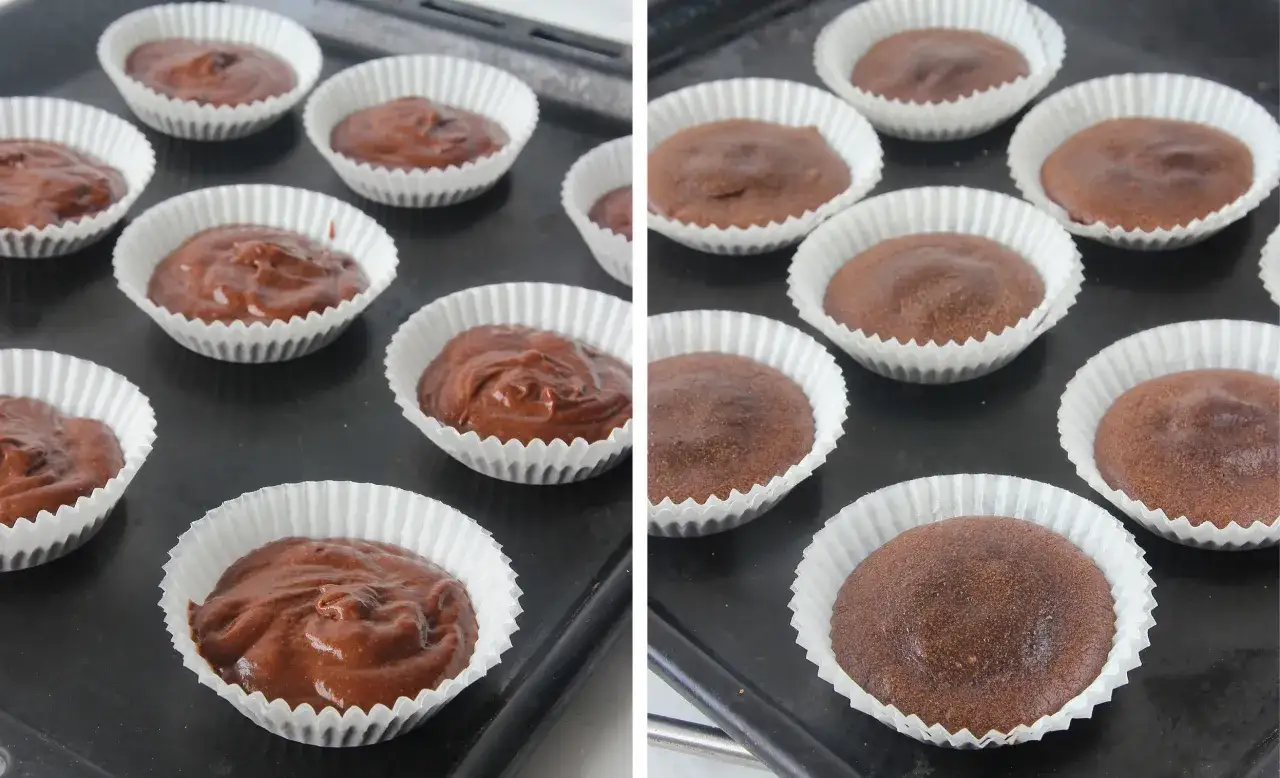Chokladkladdkakemuffins recept: smet i formar till vänster, färdiga muffins till höger.