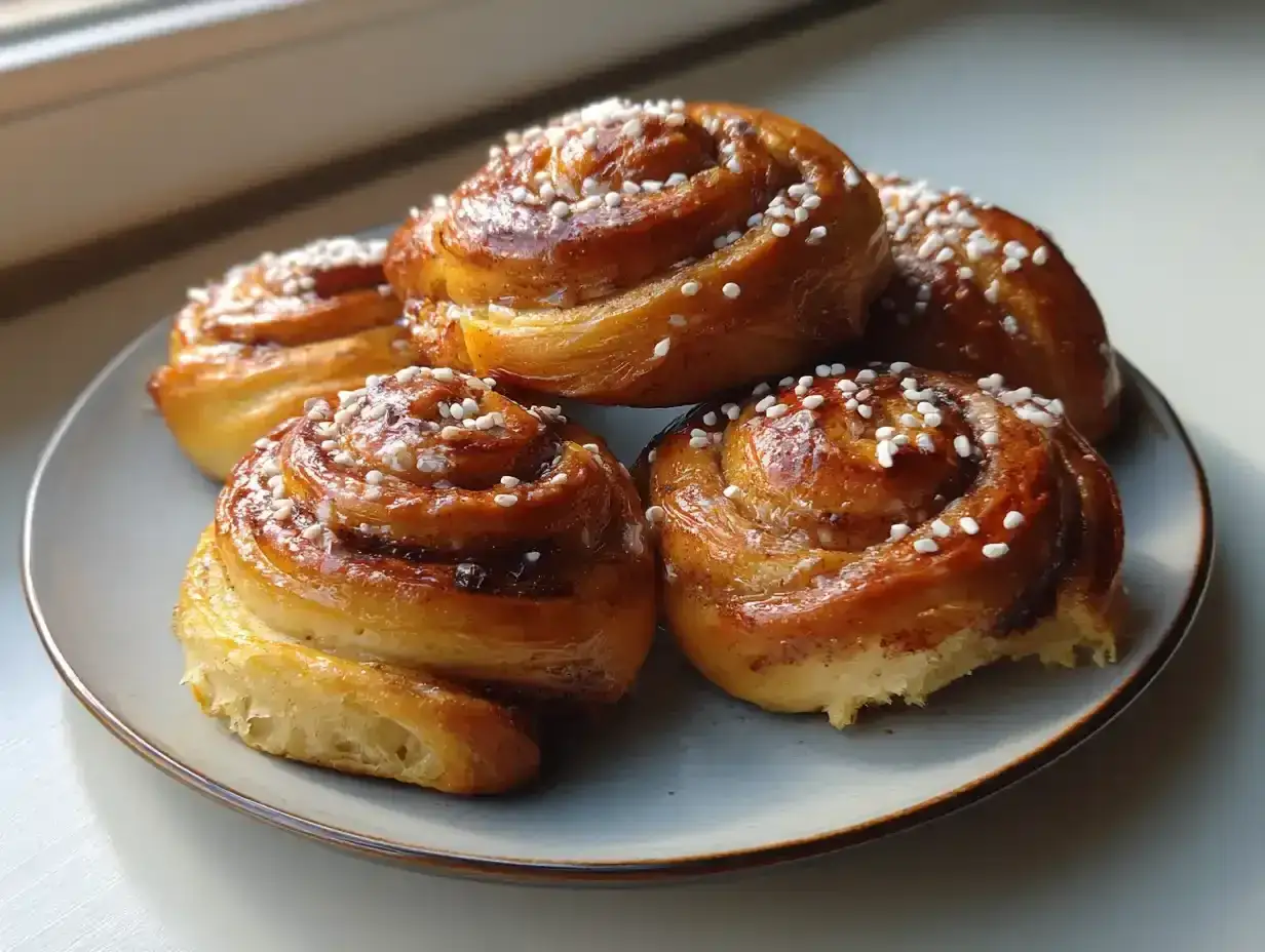 Färska kanelbullar med pärlsocker, redo att avnjutas. Ett perfekt kanelbullar recept för fikat.