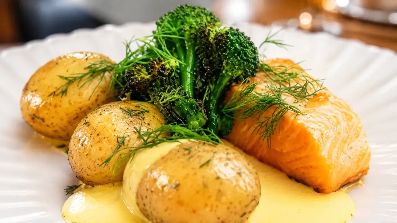 En portion lax med broccolibuketter och gyllene, bakad potatis i airfryer, garnerad med dill och en krämig sås.