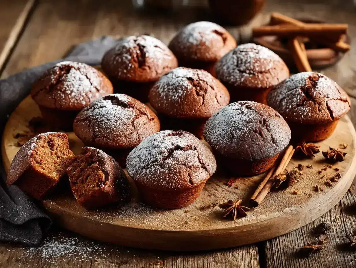 Mörka, fluffiga pepparkaksmuffins pudrade med florsocker. Ett perfekt pepparkaksmuffins recept för julen.