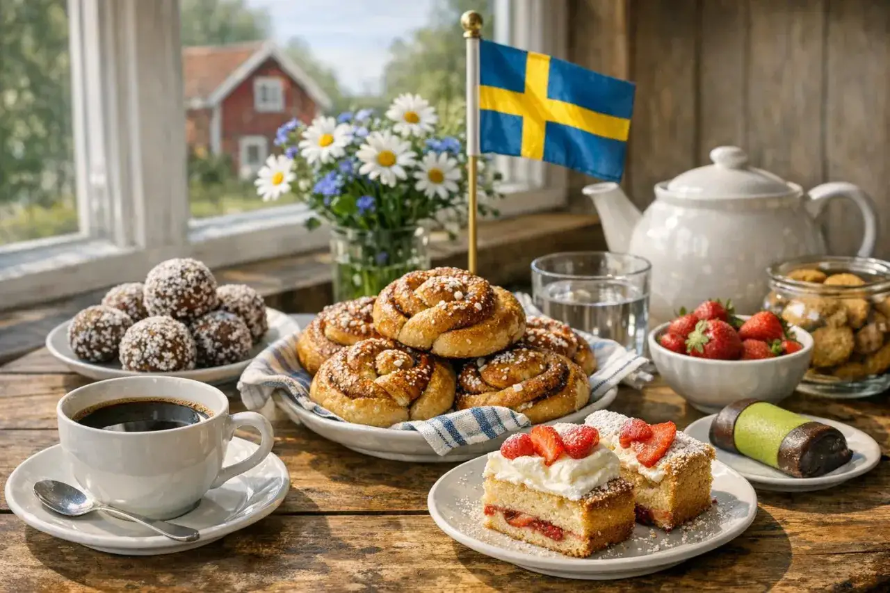 Fika med svenska kanelbullar, jordgubbstårta och chokladbollar. Perfekt för att se vad man kan baka en solig dag.