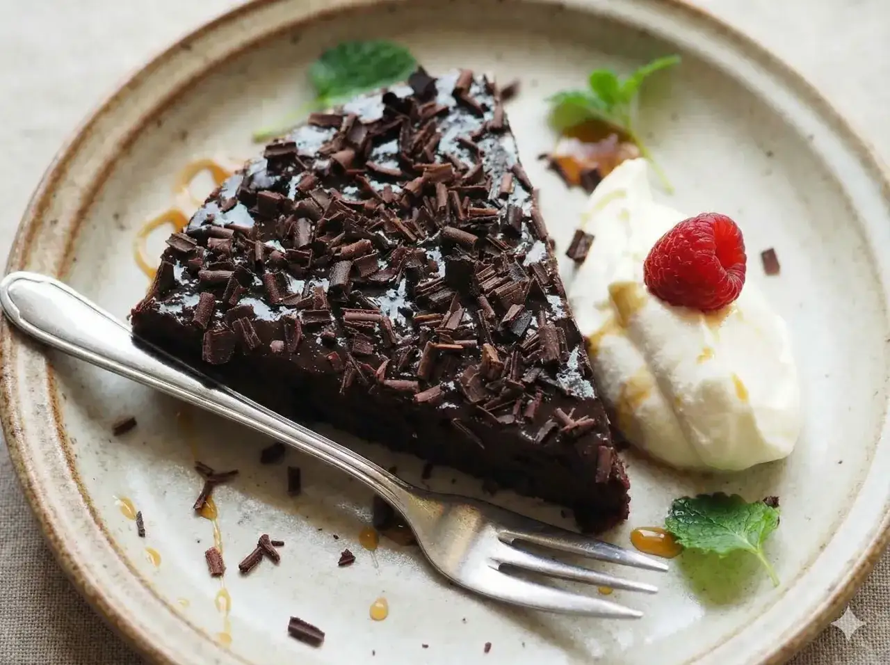 En bit glutenfri kladdkaka toppad med chokladspån, serverad med vispad grädde, hallon och mynta.