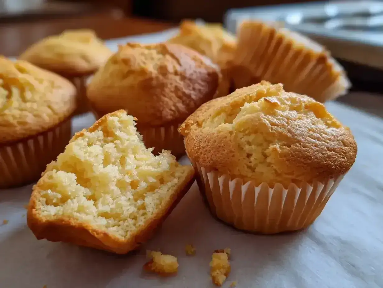 En grupp fluffiga vaniljmuffins, ett perfekt resultat från ett enkelt vaniljmuffins recept. En muffin är uppdelad och visar dess mjuka inre.