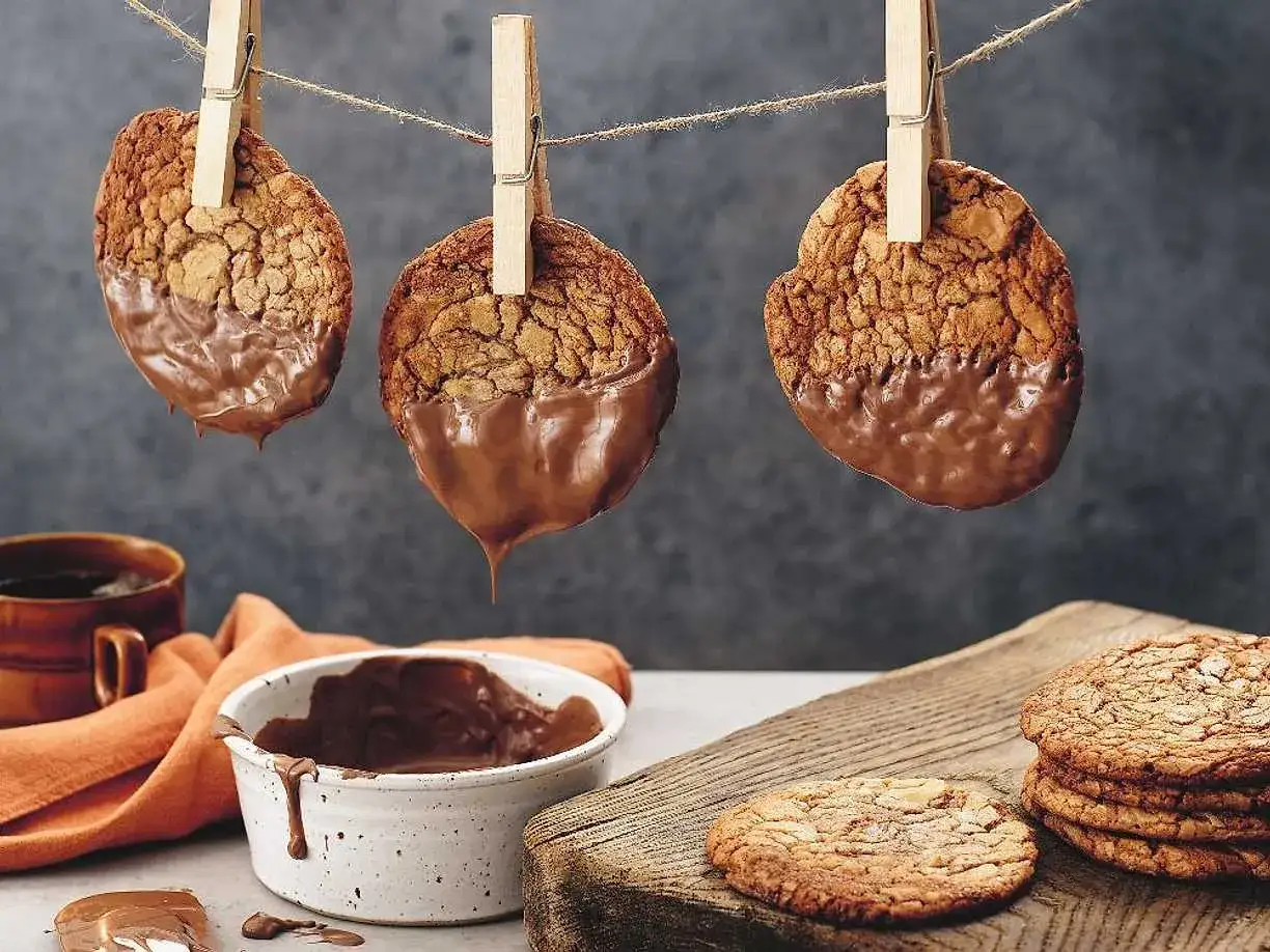 Tre sega chokladkakor hänger på en lina, doppade i smält choklad. En skål med choklad och en kaffekopp syns i bakgrunden.