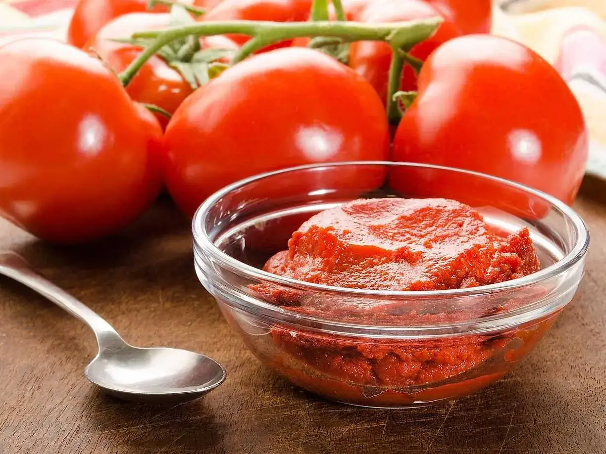 Färska tomater och en skål med tomatpuré, perfekt för ditt nästa tomatpuré recept.