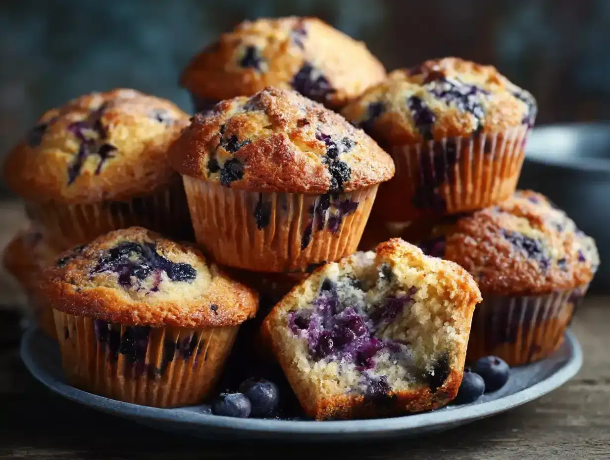 En hög med saftiga, glutenfria muffins med blåbär. En muffin är uppdelad och visar det mjuka inkråmet fyllt med bär.
