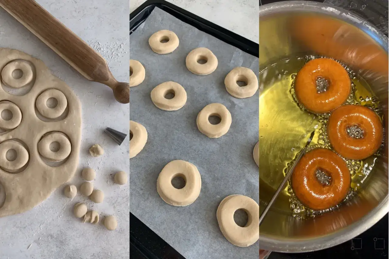 Steg för steg: kavla deg, stansa ut ringar, lägg på plåt, fritera gyllene. Ett enkelt donuts recept!