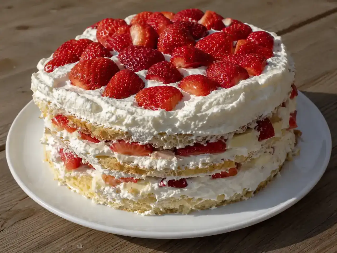 En läcker jordgubbstårta med fluffig grädde och saftiga jordgubbar. Ett perfekt tårta recept för sommaren!