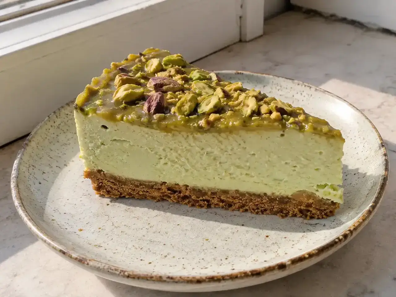 En krämig, ljusgrön cheesecake med pistagetäcke och nötter. Perfekt för ett cheesecake recept!