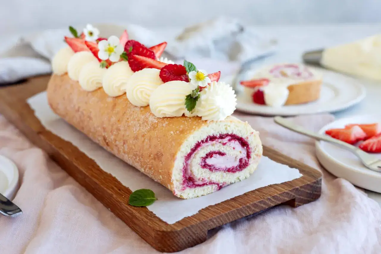 En vacker rulltårta med hallon och grädde, perfekt för ett somrigt fika. Detta rulltårta recept är en dröm!