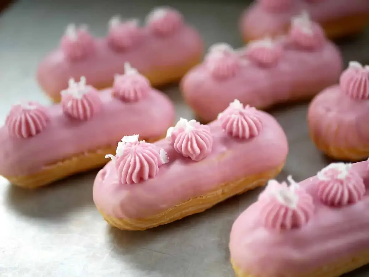 Rosa eclairs med fluffig creme patissiere och vita strössel.
