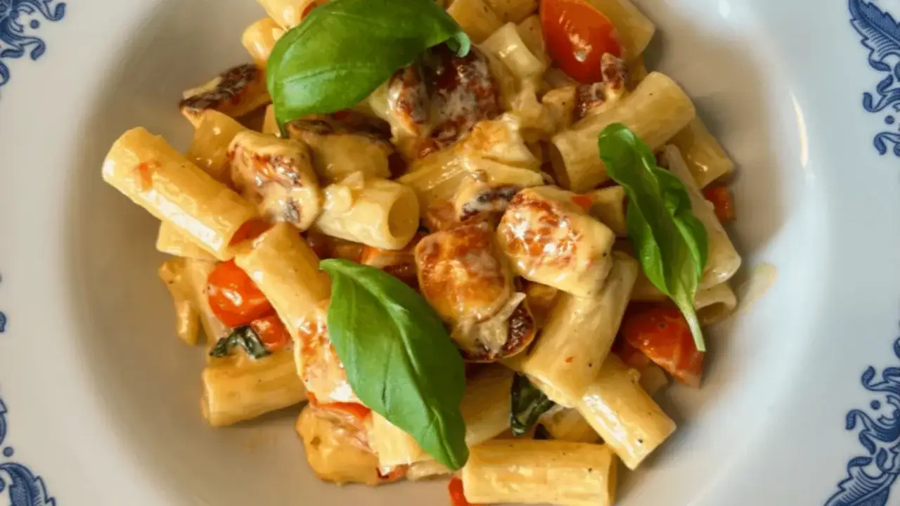 En kr&auml;mig halloumi pasta med k&ouml;rsb&auml;rstomater och basilika, serverad i en vacker bl&aring;vit tallrik.