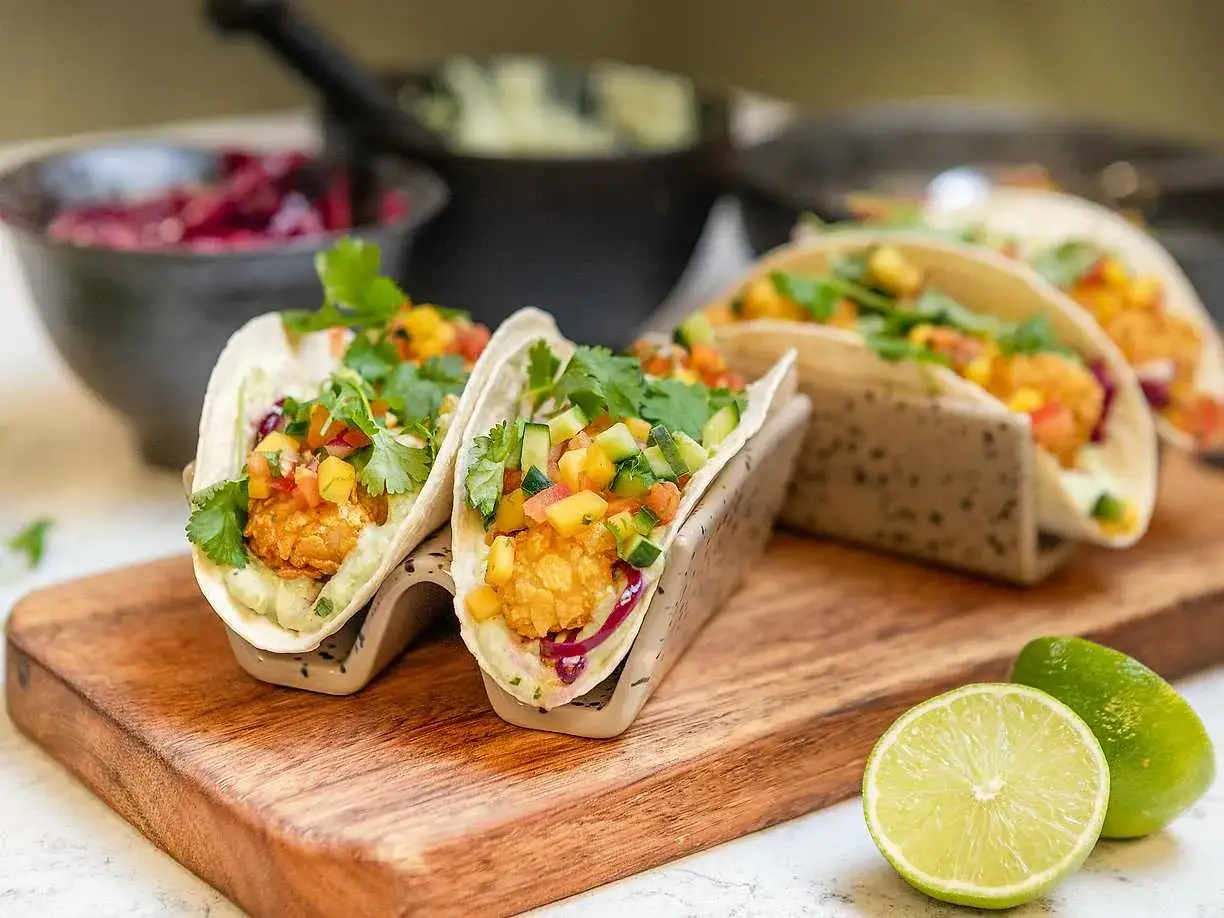 Färgglada fish tacos med mango-salsa och koriander, ett perfekt recept för en somrig middag.