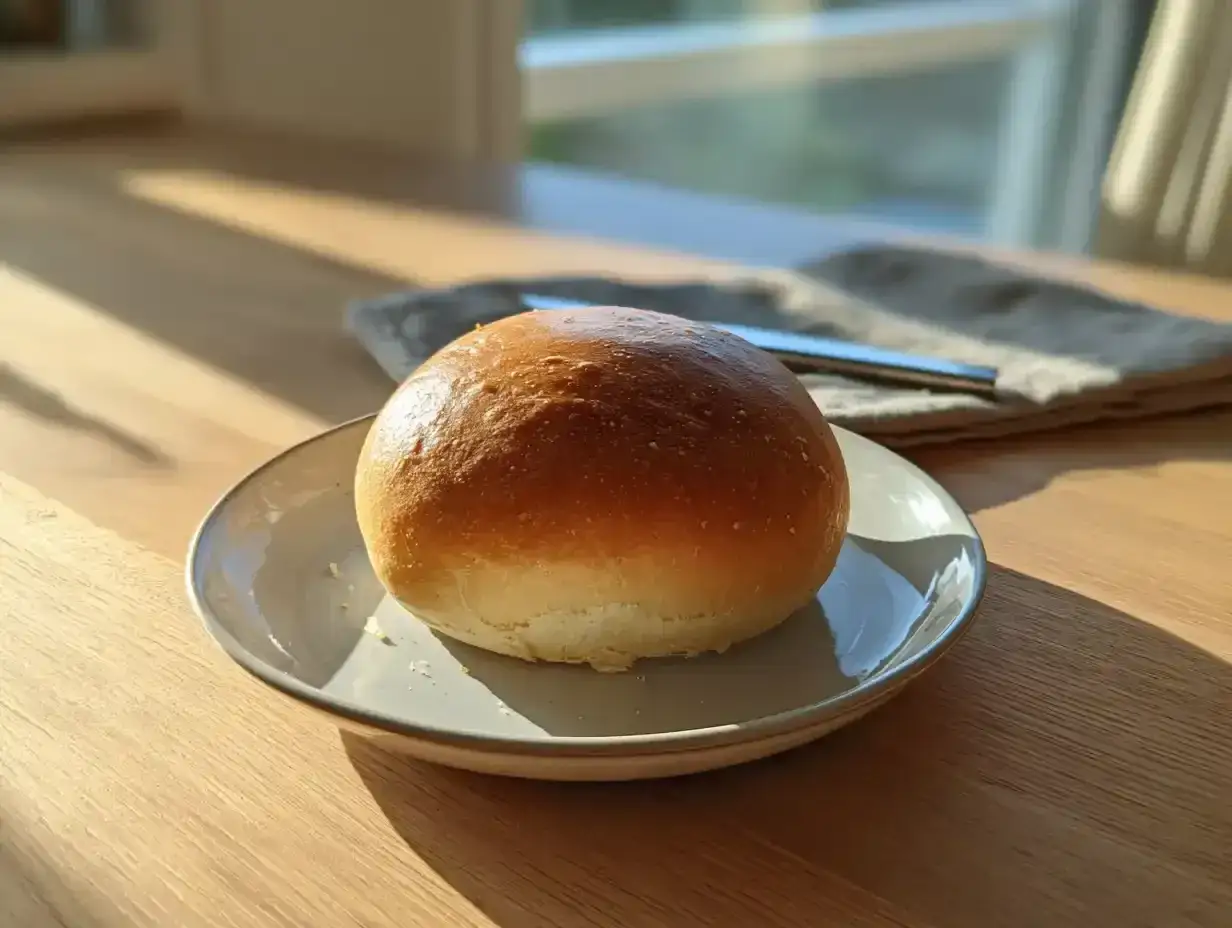 En gyllene, luftig semla på en tallrik, redo att fyllas med grädde och mandelmassa. Solen lyser in genom fönstret.