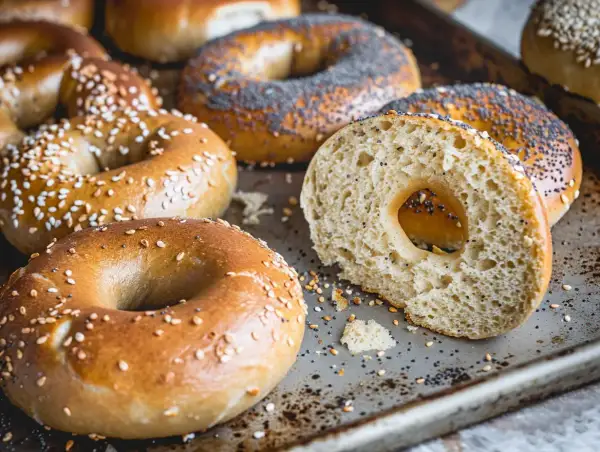 Färska bagels med sesamfrön och vallmofrön, perfekta för ditt bagels recept. En skuren bagel visar det fluffiga inre.