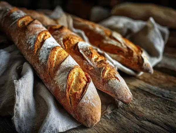 Tre nybakade baguetter med gyllene skorpa ligger på en linneduk. Perfekt för ett enkelt baguette recept.