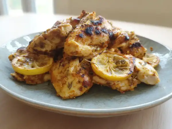 Grillad marinad kyckling med citronskivor på en ljusblå tallrik.