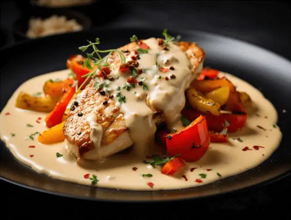 En saftig kycklingfilé med krämig pepparsås och rostade grönsaker. Ett perfekt pepparsås recept för en lyxig middag.
