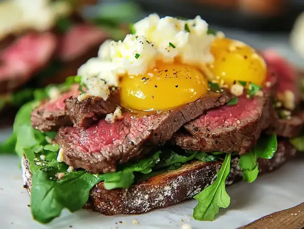 En lyxig bookmaker toast med saftigt biff, rucola, äggulor och ost. En riktig smakupplevelse!