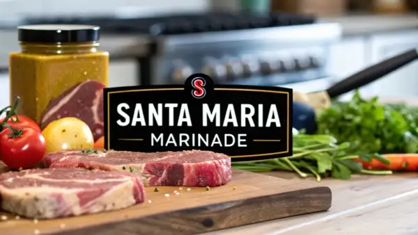 Råa ryggbiffar på en skärbräda med Santa Maria Marinade-logotypen, tomater, lök och färska örter.