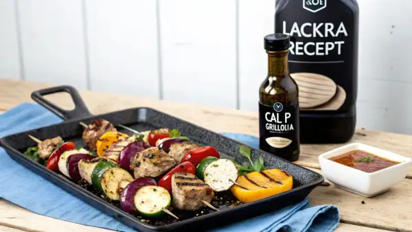 Grillspett med kött och grönsaker på en grillpanna, bredvid en flaska CAL P GRILLOLIA. Perfekt för ett läckert grillolja recept.