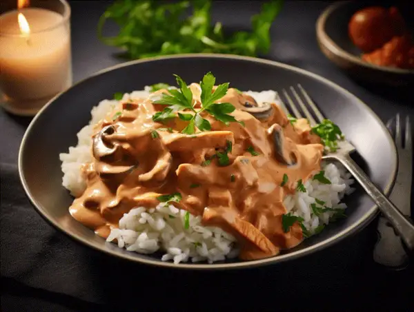 En krämig stroganoff med svamp och kött serveras över ris, garnerad med persilja. Ett mysigt recept för en middag.