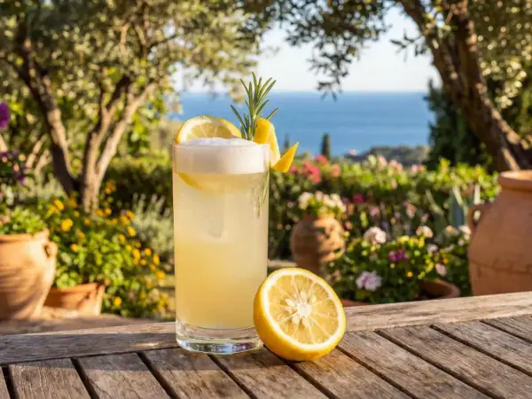 En uppfriskande yuzu drink med citron och rosmarin, serverad utomhus med havet i bakgrunden.