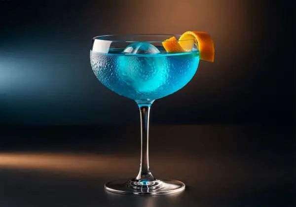En svalkande blå lagun drink med en isboll och apelsinskal.