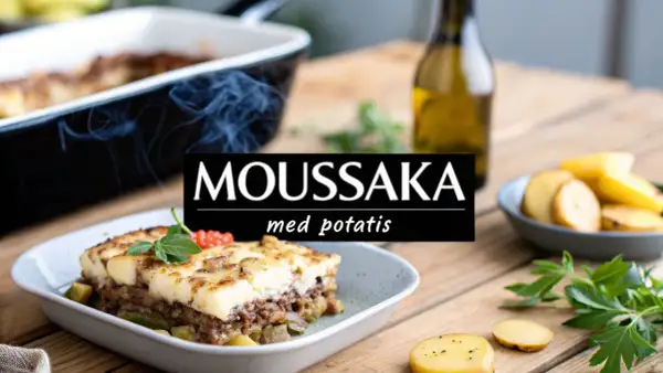 En portion moussaka med potatis, redo att avnjutas. Texten "MOUSSAKA med potatis" syns tydligt.