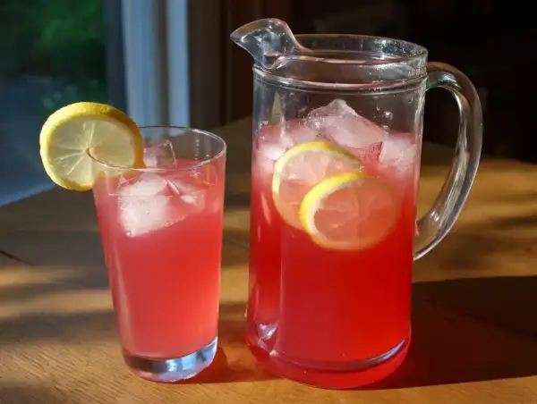 En karaff och ett glas med rosa rabarbersaft, is och citronskivor. Perfekt för ett svalkande rabarbersaft recept.