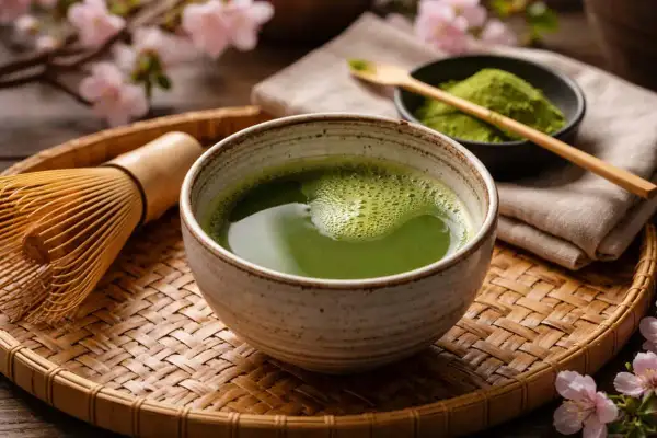 En skål med grön matcha, en bambuvisp och en skål med matchapulver. Perfekt för ett hemgjort chai syrup recept.