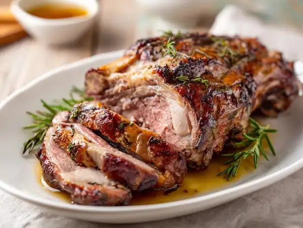 Saftig lammstek i ugn, perfekt stekt med rosmarin och serverad på ett fat.