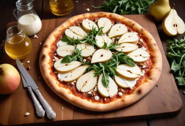 Pizza bianco med chèvre, päron och honung. En utsökt kombination av sött och salt.
