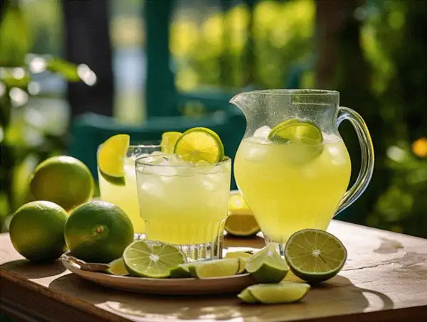 En kanna och glas med uppfriskande limejuice, perfekt för ett margarita recept. Färska limefrukter och is ger en somrig känsla.