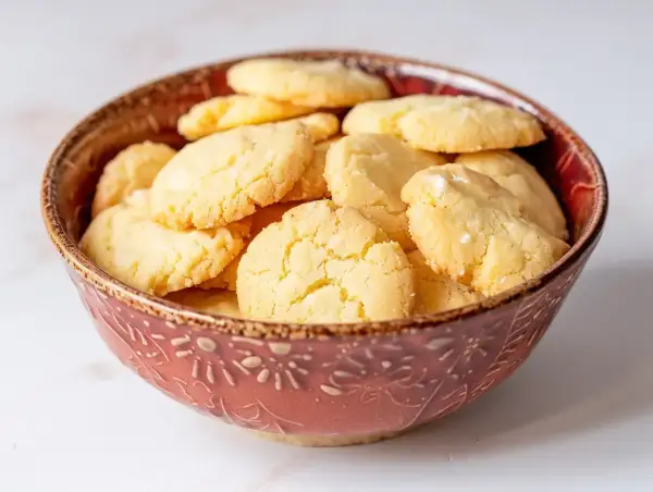 En skål fylld med hembakade hallongrottor. Perfekt för fika, här är ett enkelt hallongrottor recept.